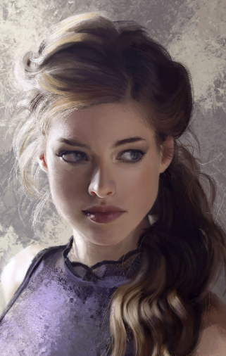 Digital painting like a photo of a beautiful young woman with heavy-lined blue eyes and brown hair and a sleeveless purple turtleneck shirt.
