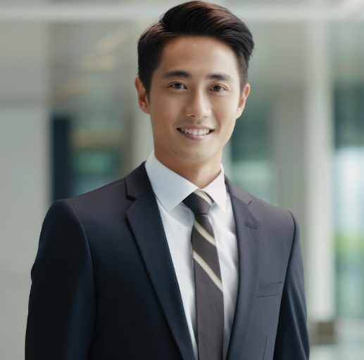 Professional photo of Asian young business man with a dark suite and stripped tie.